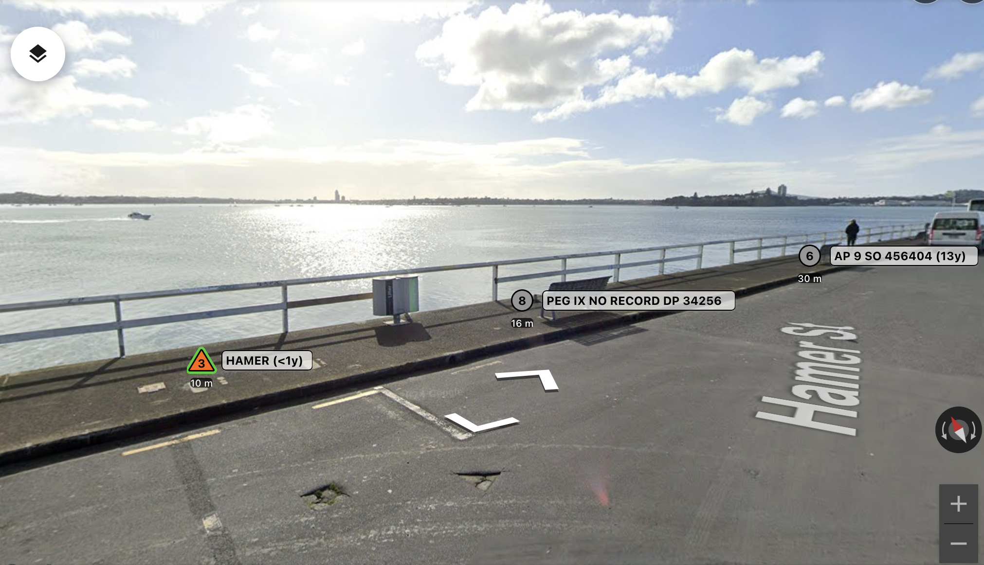 20.12 augmented Street View — survey marks HAMER, PEG IX and AP 9 projected onto a Google Street View panorama of the Auckland waterfront